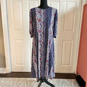 Front Row Blue and Red Floral Midi Dress with Elbow Sleeves
